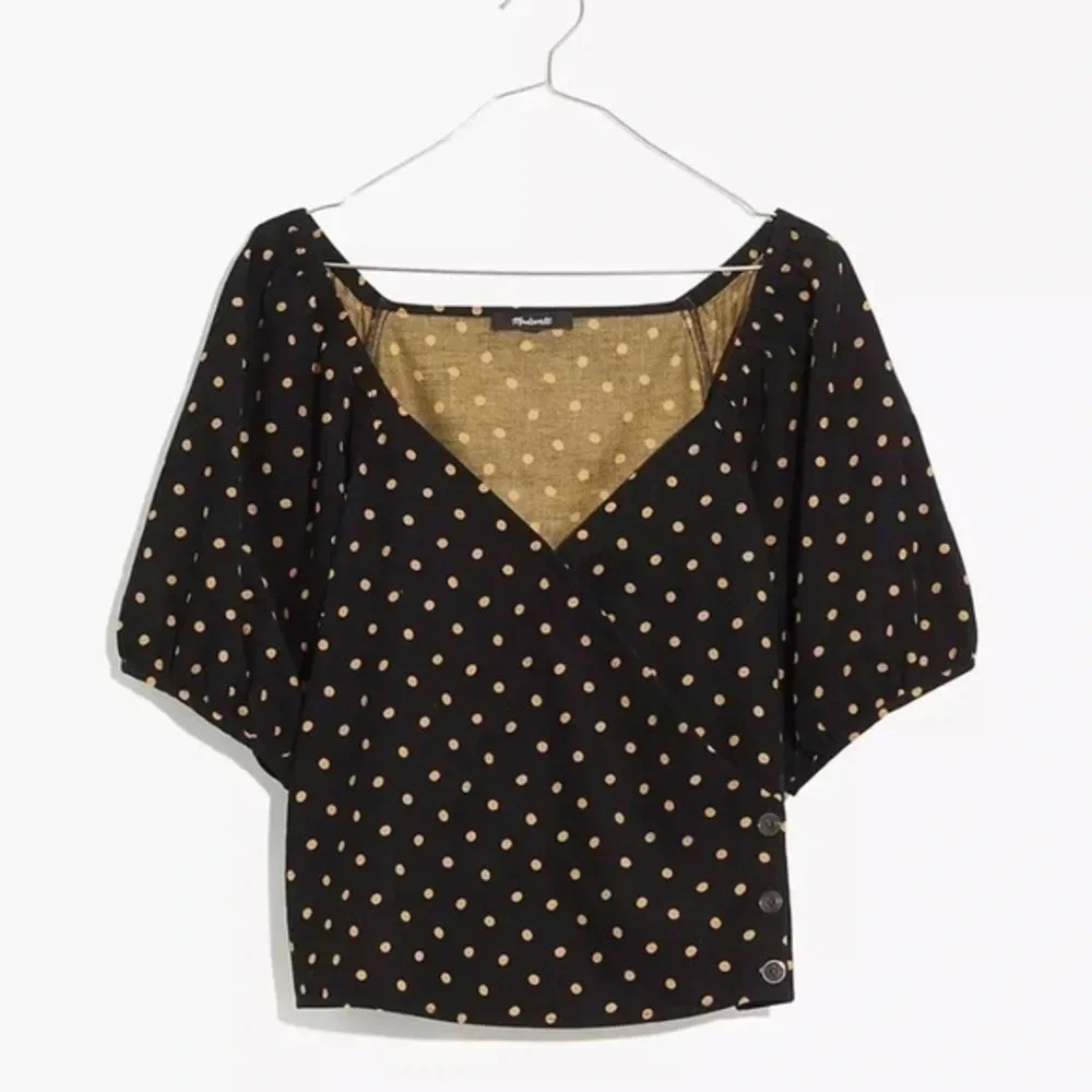 New Madewell Corduroy Puff Sleeve Wrap Top Oval Dot NC814